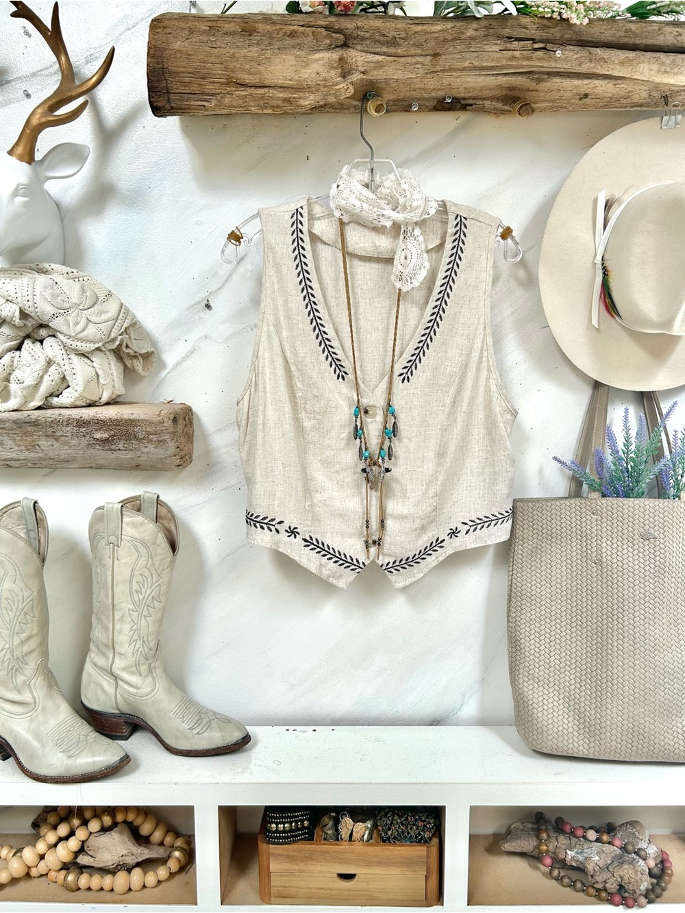Cottagecore LINEN blend leaf Embroidered Boho Vest w prairie farmhouse vibe